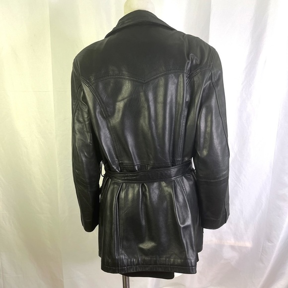 AKOURY CUIRS BLACK LEATHER COAT LAMBSKIN SOFT LEATHER BELTED SINGLE BREAST SMALL - Picture 5 of 13